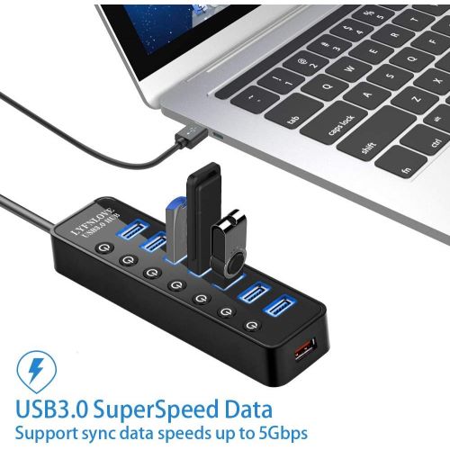  LYFNLOVE USB Hub 3.0 Splitter,7 Port USB Data Hub with Power Adapter and Charging Port,Individual OnOff Switches and Lights for Laptop, PC, Computer, Mobile HDD, Flash Drive and M