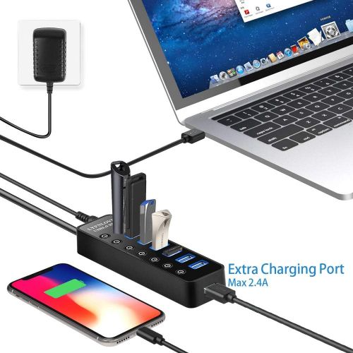  LYFNLOVE USB Hub 3.0 Splitter,7 Port USB Data Hub with Power Adapter and Charging Port,Individual OnOff Switches and Lights for Laptop, PC, Computer, Mobile HDD, Flash Drive and M