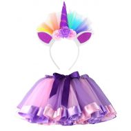 LYLKD Little Girls Layered Rainbow Tutu Skirts with Unicorn Horn Headband