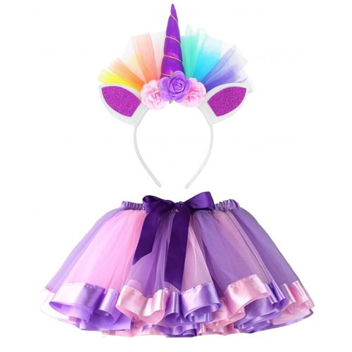  LYLKD Little Girls Layered Rainbow Tutu Skirts with Unicorn Horn Headband