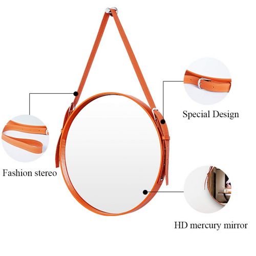  LYN Mirror Round Bathroom Mirror Vanity Mounted Wall Mirror Makeup Mirror Artificial Leather Decorative Mirror Frame Modern with Lanyard Wall Hanging Bedroom Livingroom