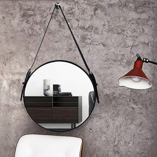  LYN Mirror Round Bathroom Mirror Vanity Mounted Wall Mirror Makeup Mirror Artificial Leather Decorative Mirror Frame Modern with Lanyard Wall Hanging Bedroom Livingroom