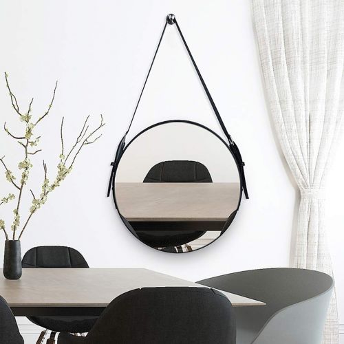  LYN Mirror Round Bathroom Mirror Vanity Mounted Wall Mirror Makeup Mirror Artificial Leather Decorative Mirror Frame Modern with Lanyard Wall Hanging Bedroom Livingroom