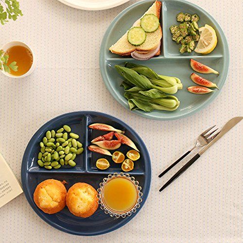  LYNK HOME Ins Mediterranean Style Cute Round Square Shaped Ceramic Porcelain Breakfast Bowls Salad Dessert Charger Service Accent Dinner Appetizer Plates Dish Holder Divided Tray Ware for Ki