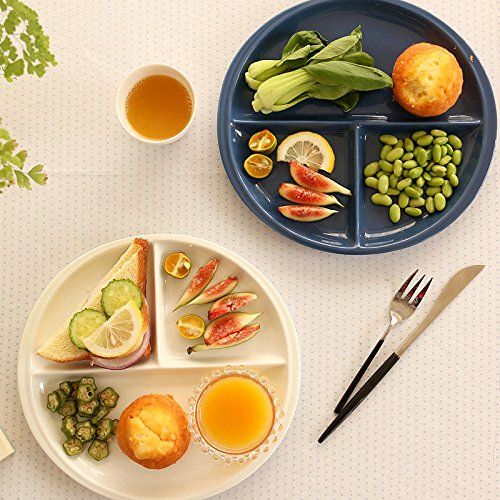  LYNK HOME Ins Mediterranean Style Cute Round Square Shaped Ceramic Porcelain Breakfast Bowls Salad Dessert Charger Service Accent Dinner Appetizer Plates Dish Holder Divided Tray Ware for Ki