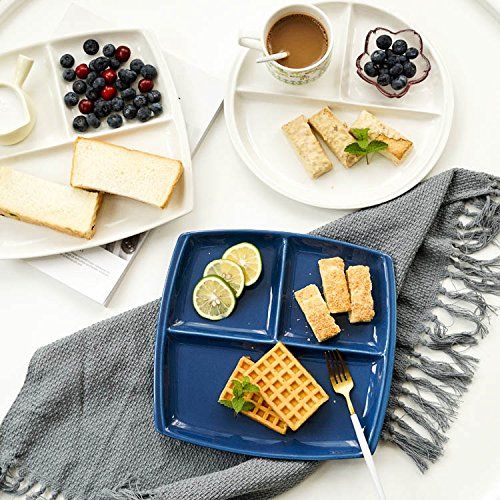  LYNK HOME Simplicity Style Square Blue Compartment Plate Ceramic Breakfast Plate Steak Dish Bread Plate Butter Plate Fast Food Dish Dinner Plate Divider Dish Serving Tray,Dinnerware and Micr