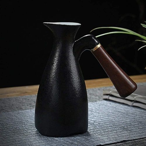  LYYF Japanese Sake Set, 7 Piece Black Glaze Sake Set With Warmer And Candle Stove, Anti scald Wood Handle Suitable For Various Occasions 21223