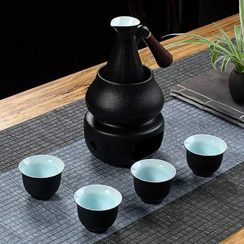  LYYF Japanese Sake Set, 7 Piece Black Glaze Sake Set With Warmer And Candle Stove, Anti scald Wood Handle Suitable For Various Occasions 21223