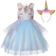 LZH Girl Unicorn Flower Dress Cosplay Costume Pageant Birthday Party Princess Dresses with Headband