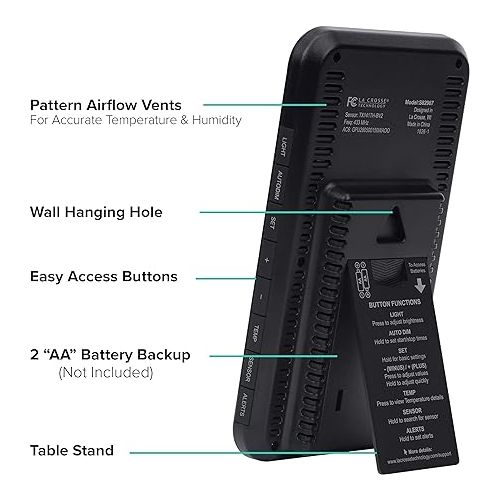  La Crosse Technology Advanced Indoor/Outdoor Temperature & Humidity Monitor with Custom Alerts and Gauge Range of 300 Feet - Calendar Display & Auto-Dim Backlight