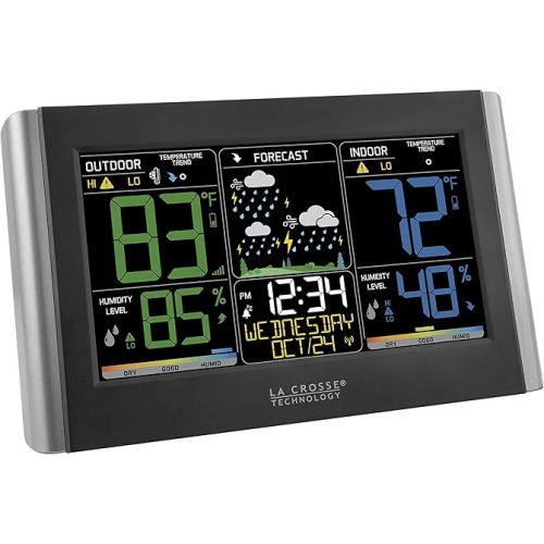  La Crosse Technology Weather Station with Customizable Alerts, Weather Forecast, Temperature, Dew Point, Humidity, Time, Heat Index, Large Display, Adjustable Brightness, Wireless, Black, C85845-INT