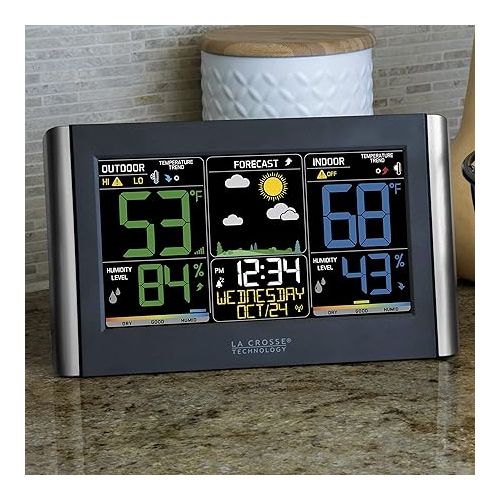  La Crosse Technology Weather Station with Customizable Alerts, Weather Forecast, Temperature, Dew Point, Humidity, Time, Heat Index, Large Display, Adjustable Brightness, Wireless, Black, C85845-INT