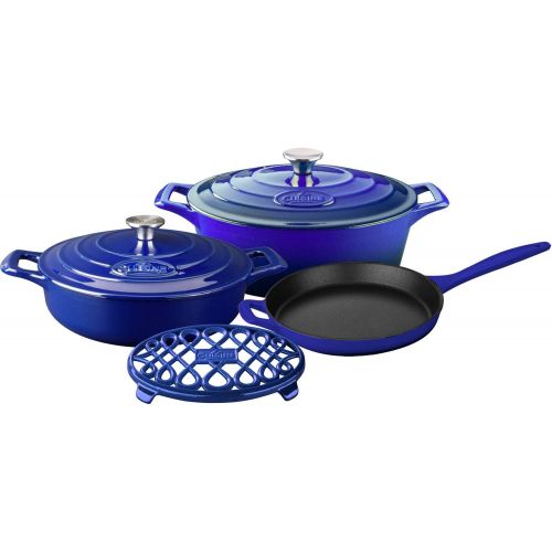  La Cuisine LC 2979 6 Piece Enameled Cast Iron Oval CasseroleTrivet Cookware Set, High Gloss Sapphire