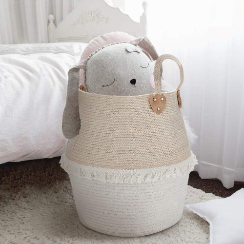  [아마존베스트]LA JOLIE MUSE Rope Basket Woven Storage Basket - Laundry Basket Large 16 x 15 x 15 Inches Cotton Blanket Organizer, Baby Nursery Containers White Home Decor Gift