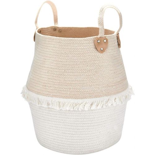  [아마존베스트]LA JOLIE MUSE Rope Basket Woven Storage Basket - Laundry Basket Large 16 x 15 x 15 Inches Cotton Blanket Organizer, Baby Nursery Containers White Home Decor Gift