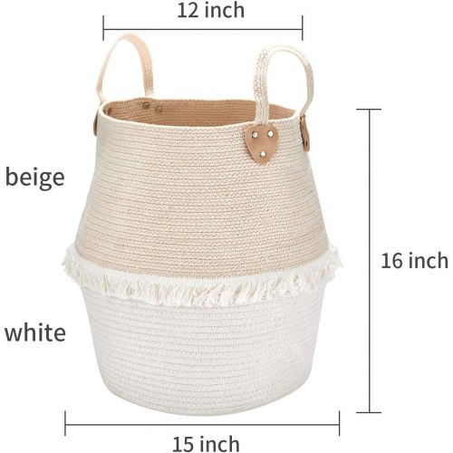 [아마존베스트]LA JOLIE MUSE Rope Basket Woven Storage Basket - Laundry Basket Large 16 x 15 x 15 Inches Cotton Blanket Organizer, Baby Nursery Containers White Home Decor Gift