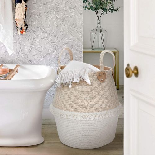  [아마존베스트]LA JOLIE MUSE Rope Basket Woven Storage Basket - Laundry Basket Large 16 x 15 x 15 Inches Cotton Blanket Organizer, Baby Nursery Containers White Home Decor Gift