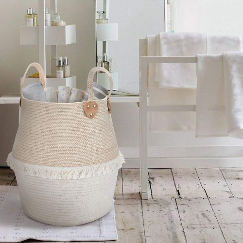  [아마존베스트]LA JOLIE MUSE Rope Basket Woven Storage Basket - Laundry Basket Large 16 x 15 x 15 Inches Cotton Blanket Organizer, Baby Nursery Containers White Home Decor Gift