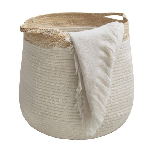  La Jolie Muse Large Blanket Basket - Corn Skin Woven Cotton Rope Storage Basket, 17.3 x 15 x 14.1Laundry Basket with Handle and Tassel, White Baby Nursery Hamper Toy Organizer，Neutral Home Decor