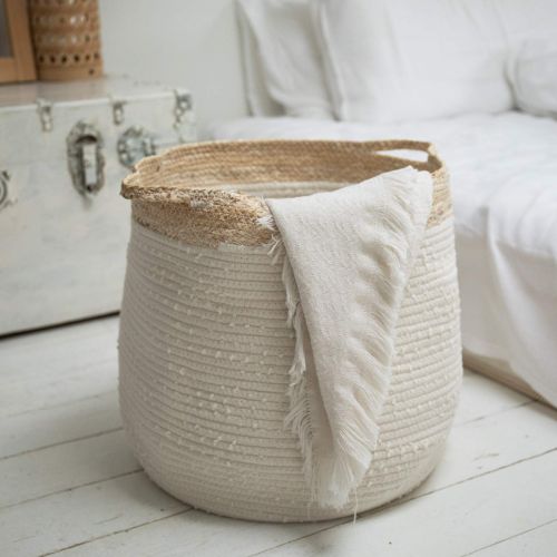  La Jolie Muse Large Blanket Basket - Corn Skin Woven Cotton Rope Storage Basket, 17.3 x 15 x 14.1Laundry Basket with Handle and Tassel, White Baby Nursery Hamper Toy Organizer，Neutral Home Decor