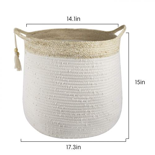  La Jolie Muse Large Blanket Basket - Corn Skin Woven Cotton Rope Storage Basket, 17.3 x 15 x 14.1Laundry Basket with Handle and Tassel, White Baby Nursery Hamper Toy Organizer，Neutral Home Decor