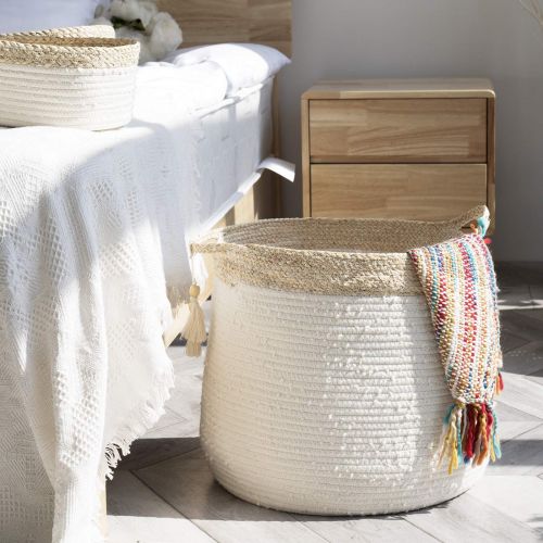  La Jolie Muse Large Blanket Basket - Corn Skin Woven Cotton Rope Storage Basket, 17.3 x 15 x 14.1Laundry Basket with Handle and Tassel, White Baby Nursery Hamper Toy Organizer，Neutral Home Decor