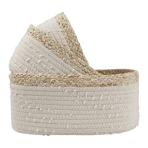  La Jolie Muse Rope Woven Storage Baskets Set of 3 - Small White Rope Baskets for Shelves, Decorative Nursery Baskets Organizer Bins for Baby Toys, Nursery Decor Gift