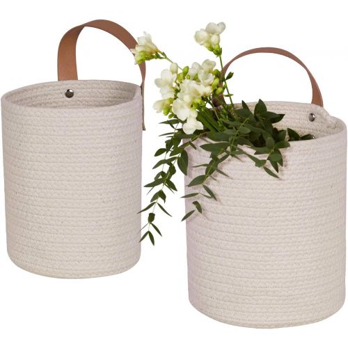  La Jolie Muse Wall Hanging Storage Baskets Set of 2 - Small Cotton Rope Handle Storage Organizer, Woven Baskets for Baby Nursery Kids Gift