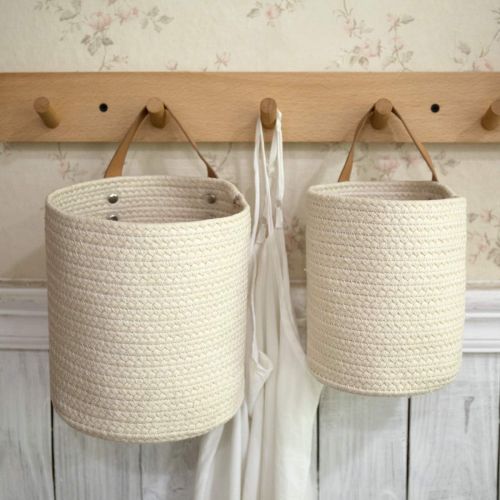  La Jolie Muse Wall Hanging Storage Baskets Set of 2 - Small Cotton Rope Handle Storage Organizer, Woven Baskets for Baby Nursery Kids Gift
