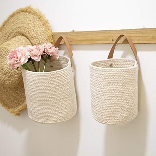  La Jolie Muse Wall Hanging Storage Baskets Set of 2 - Small Cotton Rope Handle Storage Organizer, Woven Baskets for Baby Nursery Kids Gift