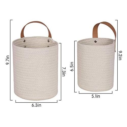  La Jolie Muse Wall Hanging Storage Baskets Set of 2 - Small Cotton Rope Handle Storage Organizer, Woven Baskets for Baby Nursery Kids Gift