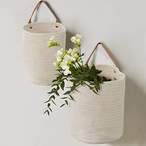  La Jolie Muse Wall Hanging Storage Baskets Set of 2 - Small Cotton Rope Handle Storage Organizer, Woven Baskets for Baby Nursery Kids Gift