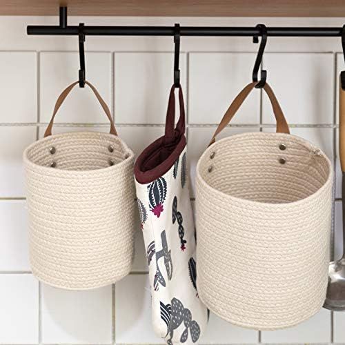  La Jolie Muse Wall Hanging Storage Baskets Set of 2 - Small Cotton Rope Handle Storage Organizer, Woven Baskets for Baby Nursery Kids Gift