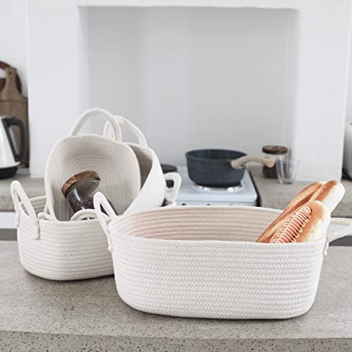  La Jolie Muse Storage Baskets Set of 4 - Woven Basket Cotton Rope Bin, Small White Basket Organizer for Baby Nursery Laundry Kids Toy