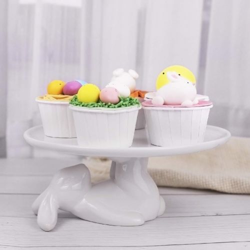  LA JOLIE MUSE Cupcake Stand Ceramic Dessert Plates for Snacks and Cookies, Bunny Candy Dish Gift, 8.3 Inch White