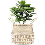 La Maia Medium Natural Net Woven Seagrass Belly Plant Basket with Handles, Woven Planter Basket for Storage, Laundry, Picnic, and Beach Bag
