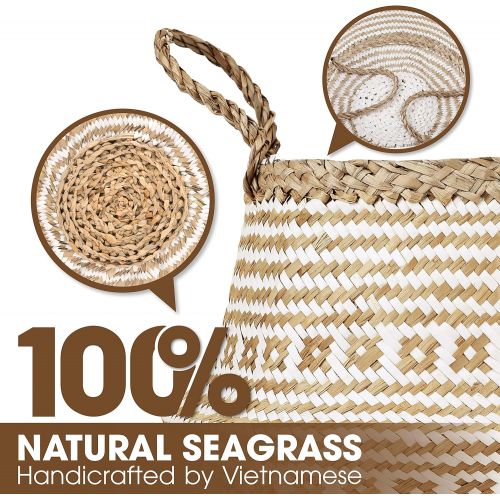  La Maia Natural Seagrass Belly Plant Basket with Handles, Woven Planter Basket for Storage, Laundry, Picnic, and Beach Bag (Natural Seagrass, M)