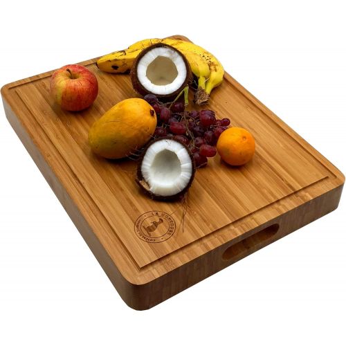  La Mongoose Bamboo Cutting Board 17 x 13 x 2” Extra Large XL with Juice Groove Hand Grips Multipurpose Big Thick Reversible Wood Butcher Block Chopping Carving Serving Platter Tray Birthday We