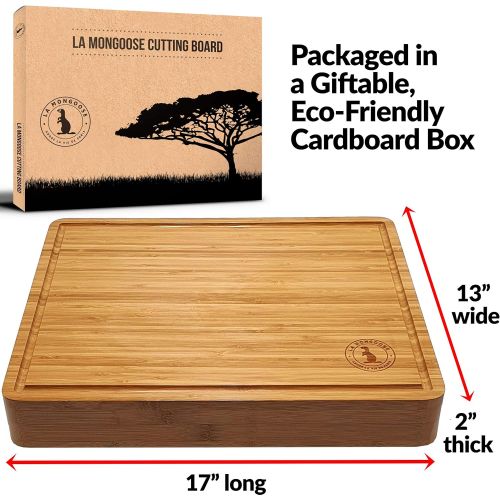  La Mongoose Bamboo Cutting Board 17 x 13 x 2” Extra Large XL with Juice Groove Hand Grips Multipurpose Big Thick Reversible Wood Butcher Block Chopping Carving Serving Platter Tray Birthday We