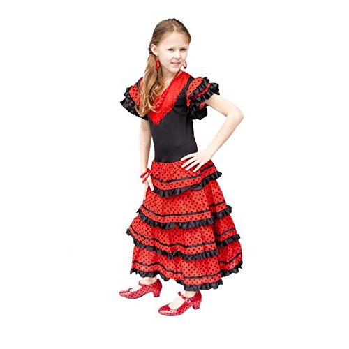 La Senorita Spanish Flamenco Dress Fancy Dress Costume - Girls/Kids - Black/Red