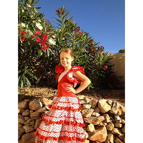  La Senorita Spanish Flamenco Dress Princess Costume - Girls/Kids - Red/White (Size 10-7-8 Years, Red White)