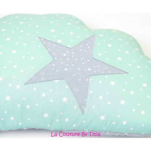  LaCoutureByTitia Tour de Lit nuage coussins Fait Main vert deau et pluie detoiles gris @lacouturebytitia