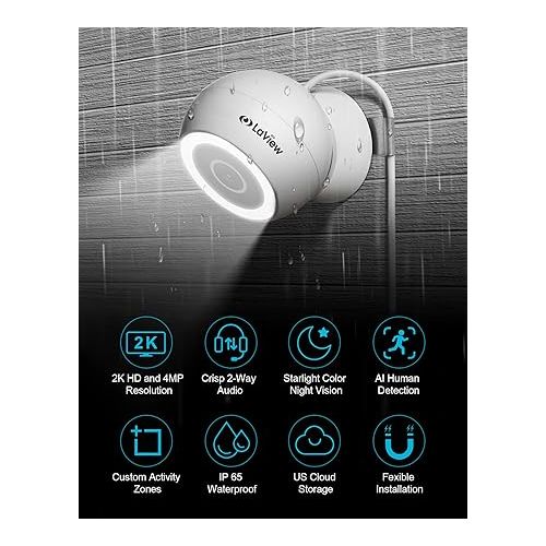  LaView 4MP 2K Security Cameras Outdoor Indoor Wired,IP65, Starlight Sensor & 100 Ft Night Vision,Motion/Person Detection,2-Way Audio/Spotlight,US Cloud,Compatible With Alexa,iOS & Android & Web Access