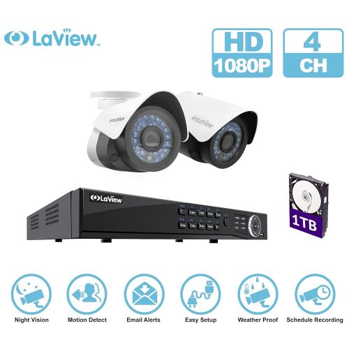  LaView IP 1080P HD Built-in PoE 2 Cameras 4 Channel NVR Security Camera System with 1TB and 2 of 2MP Bullet Cam Surveillance