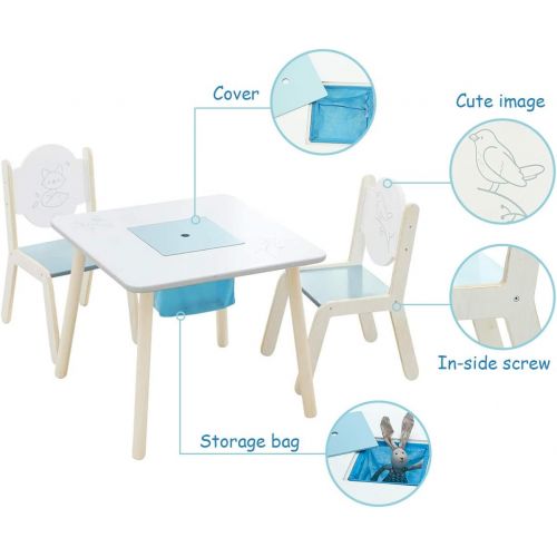  Labebe Wooden Activity Table Chair Set, Bird Printed White Toddler Table with Bin for 1-5 Years, Learning Table/Kid Picnic Table/Cute Bedroom Furniture/Boy Furniture/Baby Girl Tabl