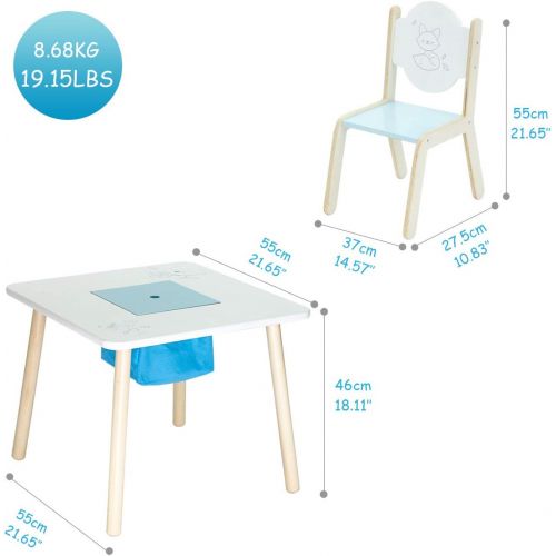  Labebe Wooden Activity Table Chair Set, Bird Printed White Toddler Table with Bin for 1-5 Years, Learning Table/Kid Picnic Table/Cute Bedroom Furniture/Boy Furniture/Baby Girl Tabl