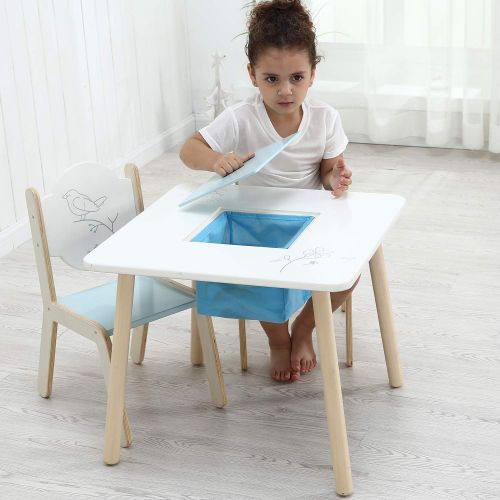 Labebe Wooden Activity Table Chair Set, Bird Printed White Toddler Table with Bin for 1-5 Years, Learning Table/Kid Picnic Table/Cute Bedroom Furniture/Boy Furniture/Baby Girl Tabl