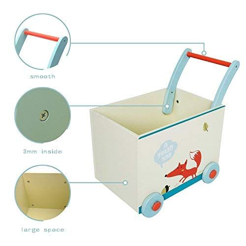  Labebe Baby Walker with Wheel, White Fox Printed Wooden Push Toy, 2-in-1 Wooden Activity Walker for Baby 1-3 Years, Baby Wagon/Infant Baby Walker Wagon/Baby Learning Walker/Push Pu