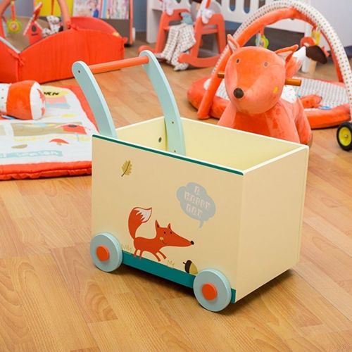  Labebe Baby Walker with Wheel, White Fox Printed Wooden Push Toy, 2-in-1 Wooden Activity Walker for Baby 1-3 Years, Baby Wagon/Infant Baby Walker Wagon/Baby Learning Walker/Push Pu