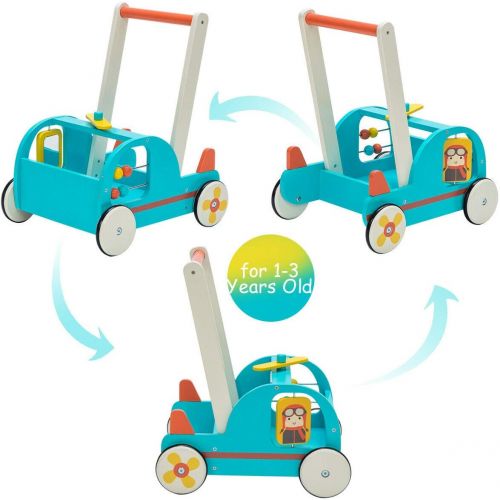  labebe Blue Aircraft Wooden Baby Push Walker - 2-in-1 Toddler Push & Pull Toys Learning Walker Stroller Walker with Wheels for Baby Girls Boys 1-3 Years Old